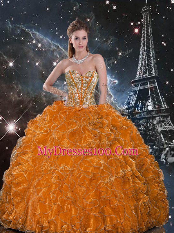 Pretty Floor Length Lace Up Vestidos de Quinceanera Orange for Military Ball and Sweet 16 and Quinceanera with Beading and Ruffles