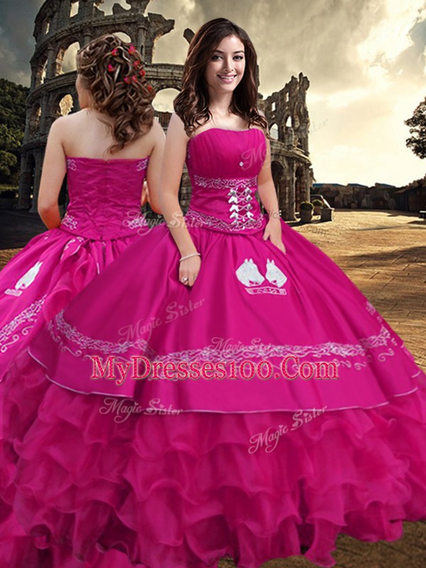 Unique Strapless Sleeveless Ball Gown Prom Dress Floor Length Embroidery and Ruffled Layers Hot Pink Taffeta