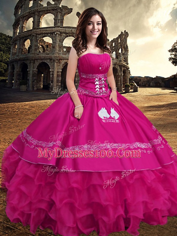 Unique Strapless Sleeveless Ball Gown Prom Dress Floor Length Embroidery and Ruffled Layers Hot Pink Taffeta
