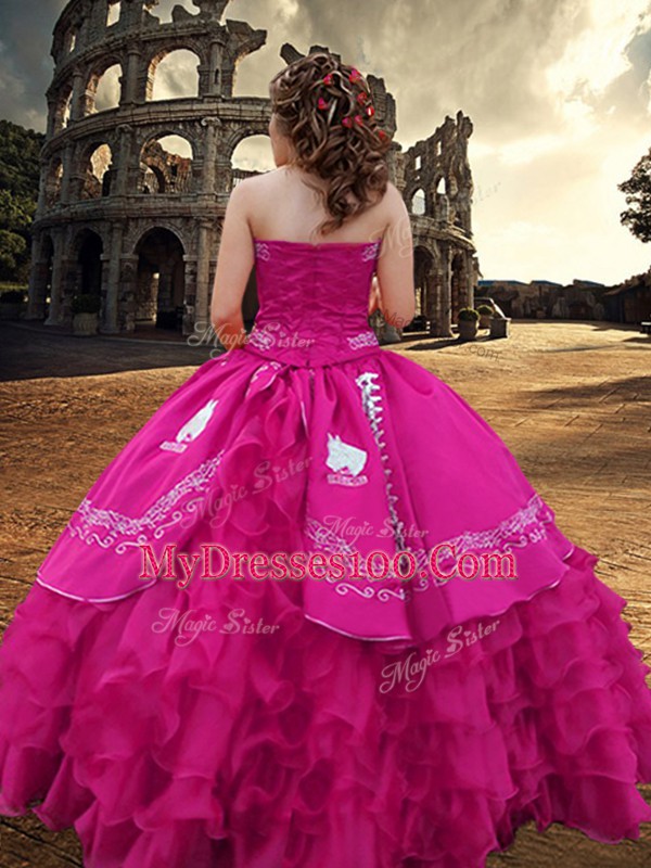 Unique Strapless Sleeveless Ball Gown Prom Dress Floor Length Embroidery and Ruffled Layers Hot Pink Taffeta