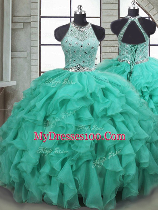 Unique Organza Scoop Sleeveless Brush Train Lace Up Beading and Ruffles Quinceanera Gown in Turquoise