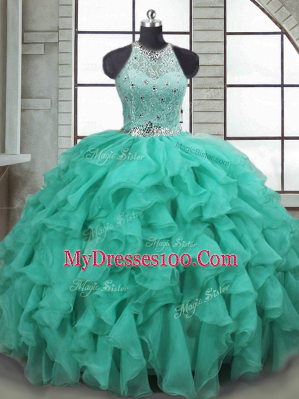 Unique Organza Scoop Sleeveless Brush Train Lace Up Beading and Ruffles Quinceanera Gown in Turquoise