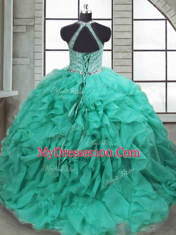 Unique Organza Scoop Sleeveless Brush Train Lace Up Beading and Ruffles Quinceanera Gown in Turquoise