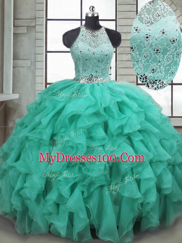 Unique Organza Scoop Sleeveless Brush Train Lace Up Beading and Ruffles Quinceanera Gown in Turquoise