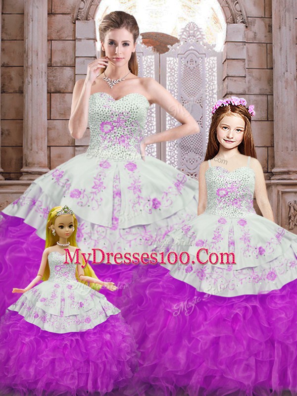 Superior White And Purple Organza Lace Up Sweetheart Sleeveless Floor Length Sweet 16 Quinceanera Dress Beading and Appliques and Ruffles
