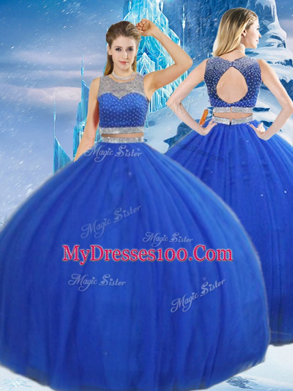 Royal Blue Vestidos de Quinceanera Military Ball and Sweet 16 and Quinceanera with Beading and Sequins Scoop Sleeveless Clasp Handle