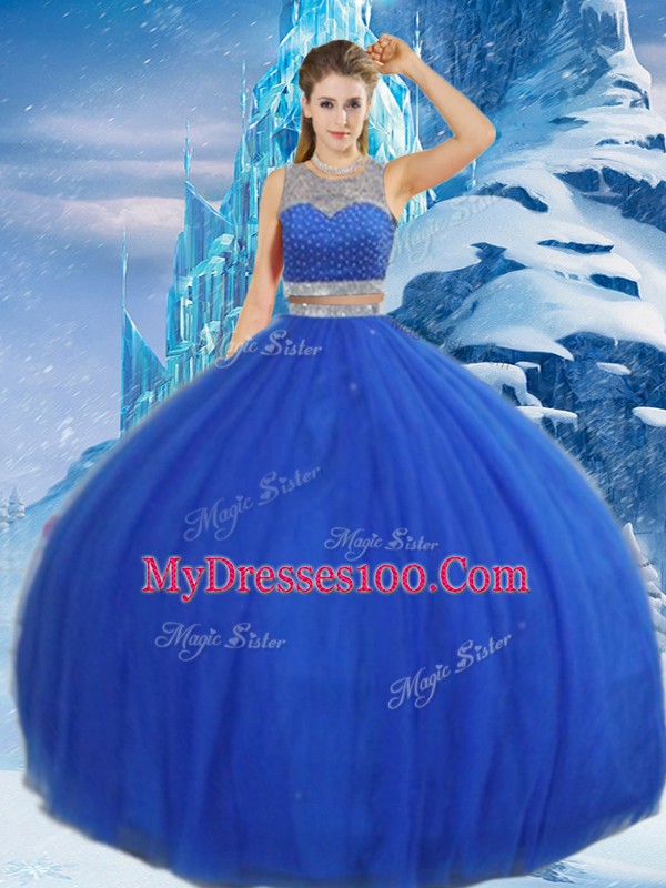 Royal Blue Vestidos de Quinceanera Military Ball and Sweet 16 and Quinceanera with Beading and Sequins Scoop Sleeveless Clasp Handle