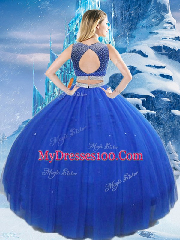 Royal Blue Vestidos de Quinceanera Military Ball and Sweet 16 and Quinceanera with Beading and Sequins Scoop Sleeveless Clasp Handle