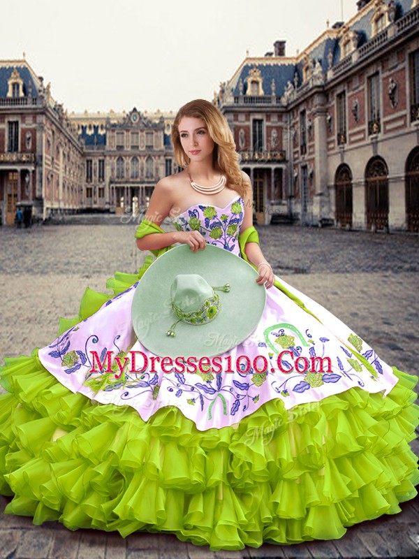 Simple Yellow Green Organza Lace Up Quinceanera Gown Sleeveless Floor Length Embroidery and Ruffled Layers