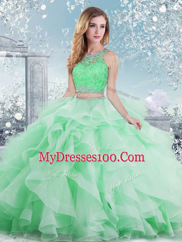 Ball Gowns 15 Quinceanera Dress Apple Green Scoop Organza Sleeveless Floor Length Clasp Handle