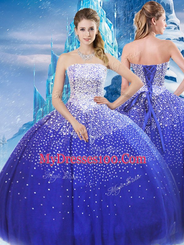 Dramatic Strapless Sleeveless Lace Up Sweet 16 Dresses Blue Tulle