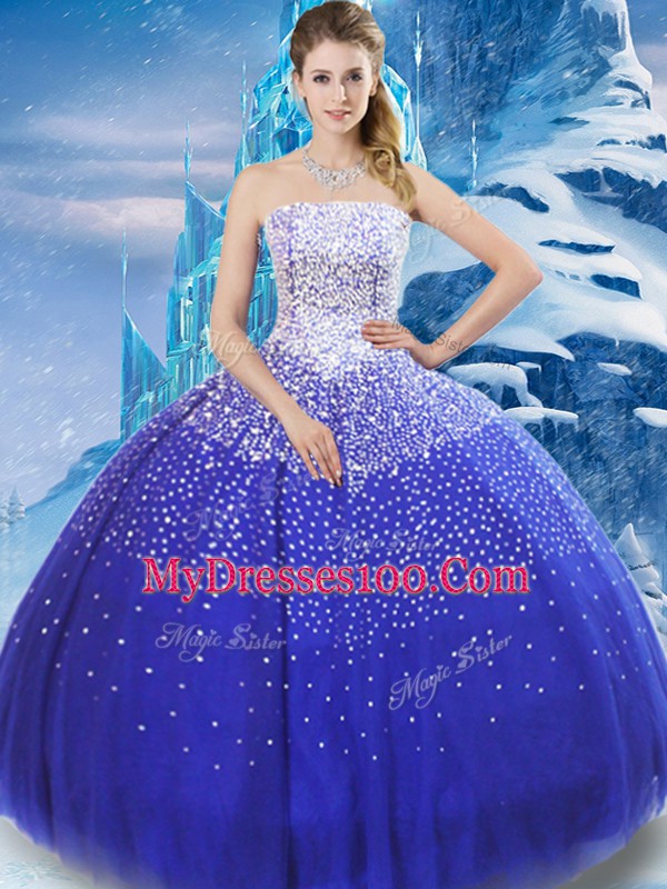 Dramatic Strapless Sleeveless Lace Up Sweet 16 Dresses Blue Tulle