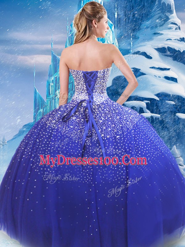 Dramatic Strapless Sleeveless Lace Up Sweet 16 Dresses Blue Tulle