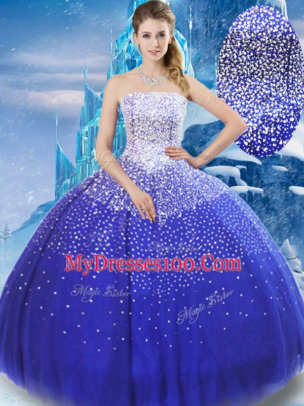 Dramatic Strapless Sleeveless Lace Up Sweet 16 Dresses Blue Tulle