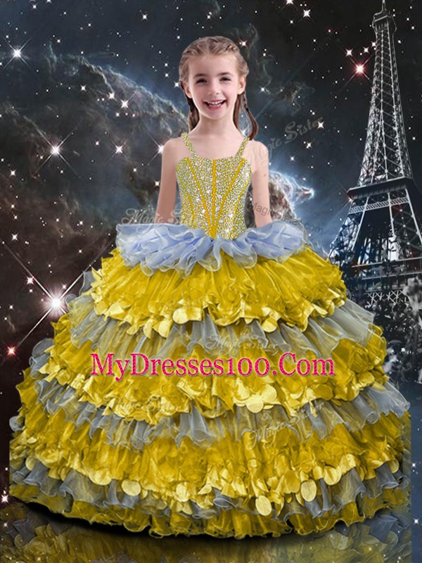 Gorgeous Sleeveless Floor Length Beading and Ruffled Layers Lace Up Girls Pageant Dresses with Multi-color