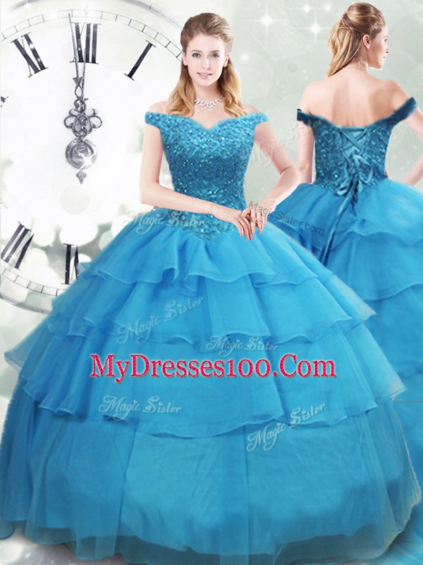 Luxurious Baby Blue Ball Gowns Beading and Ruffled Layers Quince Ball Gowns Lace Up Organza Sleeveless