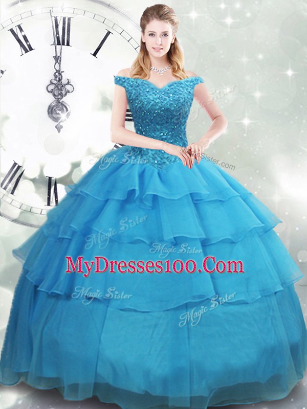 Luxurious Baby Blue Ball Gowns Beading and Ruffled Layers Quince Ball Gowns Lace Up Organza Sleeveless
