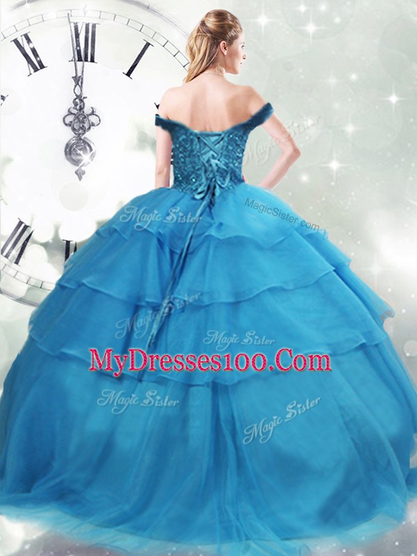 Luxurious Baby Blue Ball Gowns Beading and Ruffled Layers Quince Ball Gowns Lace Up Organza Sleeveless