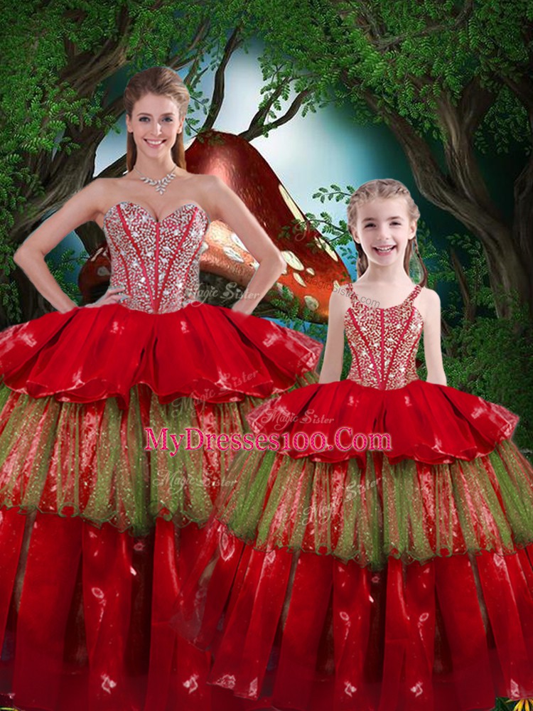 Wine Red Ball Gowns Beading and Ruffled Layers Quinceanera Dress Lace Up Organza Sleeveless Floor Length