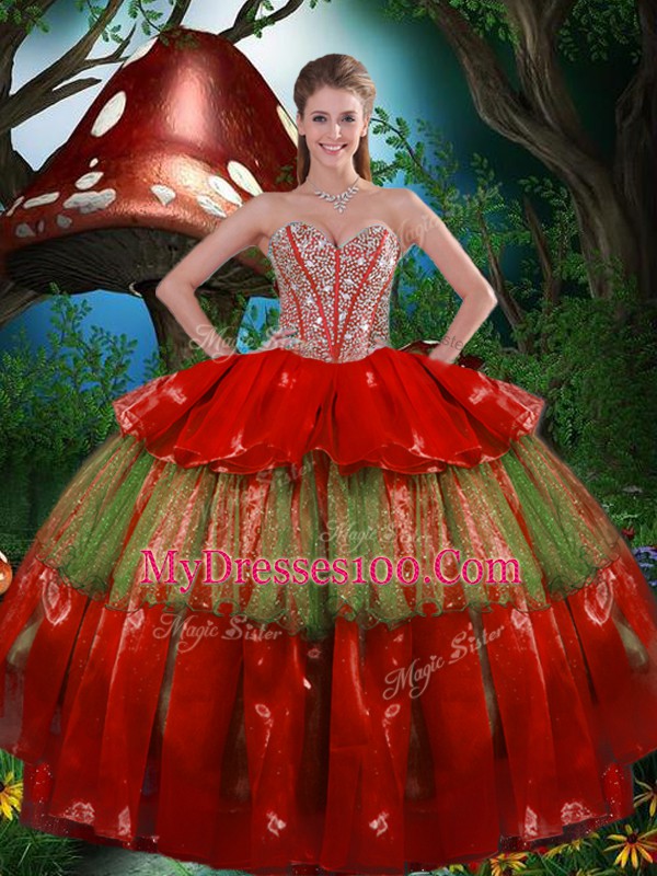 Wine Red Ball Gowns Beading and Ruffled Layers Quinceanera Dress Lace Up Organza Sleeveless Floor Length