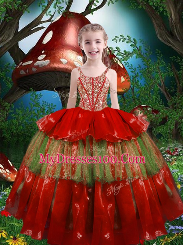 Wine Red Ball Gowns Beading and Ruffled Layers Quinceanera Dress Lace Up Organza Sleeveless Floor Length