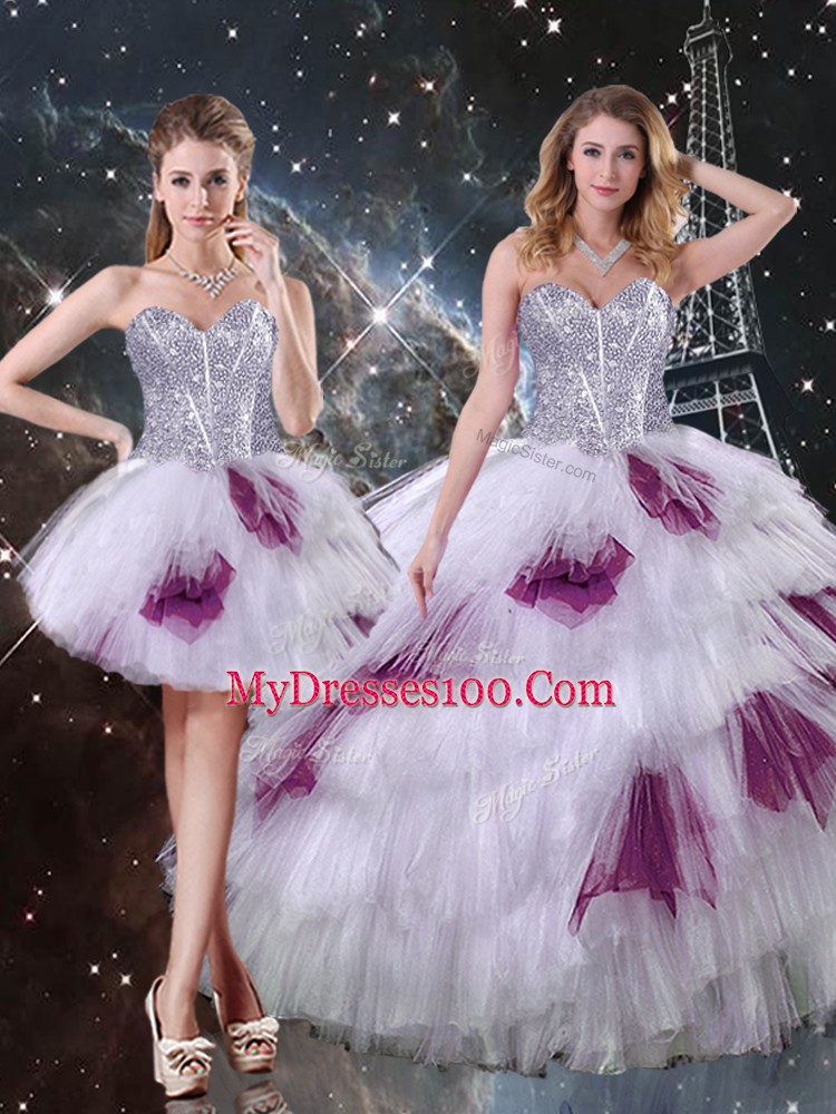 Floor Length Zipper Sweet 16 Quinceanera Dress Multi-color for Military Ball and Sweet 16 and Quinceanera with Beading and Ruffled Layers and Sequins