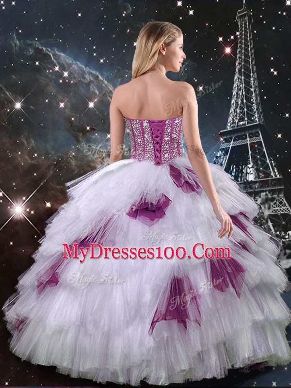 Floor Length Zipper Sweet 16 Quinceanera Dress Multi-color for Military Ball and Sweet 16 and Quinceanera with Beading and Ruffled Layers and Sequins