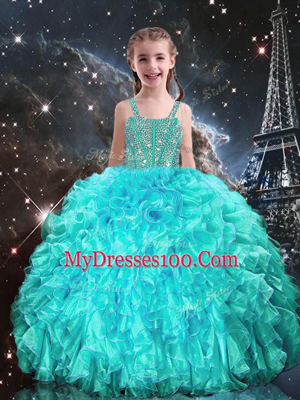 Gorgeous Aqua Blue Straps Lace Up Beading and Ruffles Child Pageant Dress Sleeveless