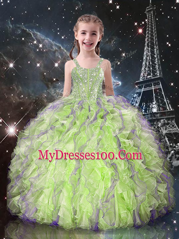 Floor Length Lace Up Child Pageant Dress Yellow Green for Quinceanera and Wedding Party with Beading and Ruffles