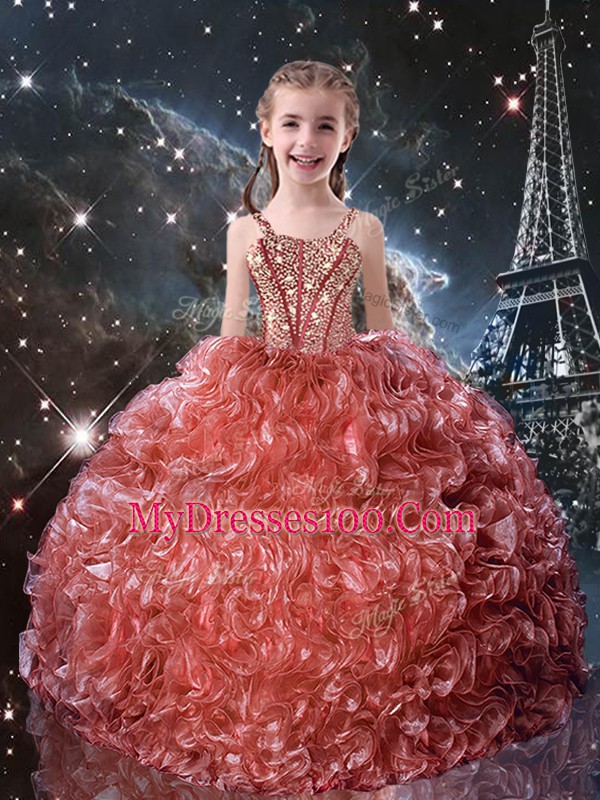 Sleeveless Floor Length Beading and Ruffles Lace Up Girls Pageant Dresses with Watermelon Red