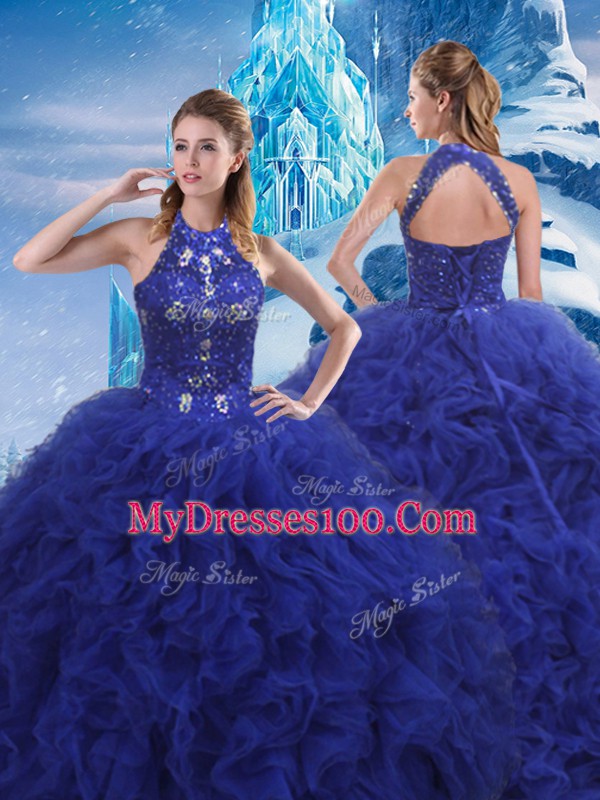 New Style Scoop Sleeveless Sweet 16 Quinceanera Dress Brush Train Beading and Ruffles Blue Organza