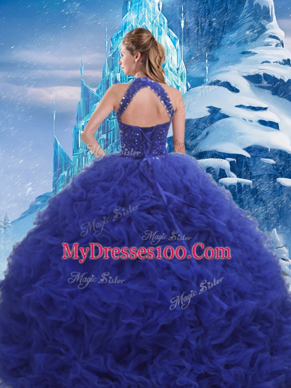 New Style Scoop Sleeveless Sweet 16 Quinceanera Dress Brush Train Beading and Ruffles Blue Organza