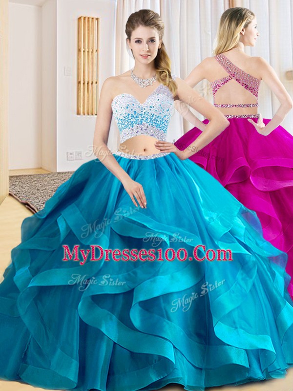 Beauteous Baby Blue Tulle Criss Cross Quinceanera Dress Sleeveless Floor Length Beading and Ruffles