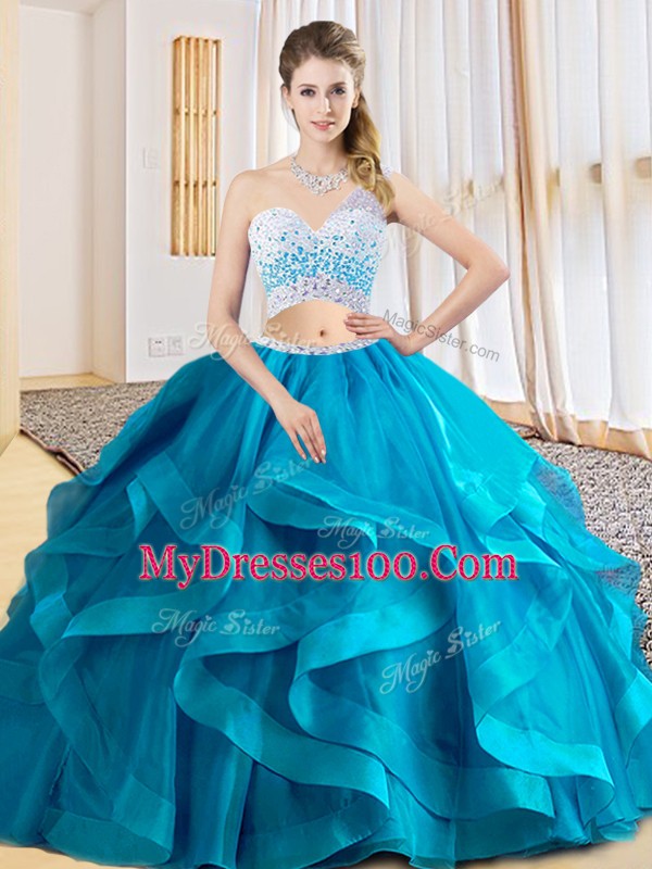 Beauteous Baby Blue Tulle Criss Cross Quinceanera Dress Sleeveless Floor Length Beading and Ruffles