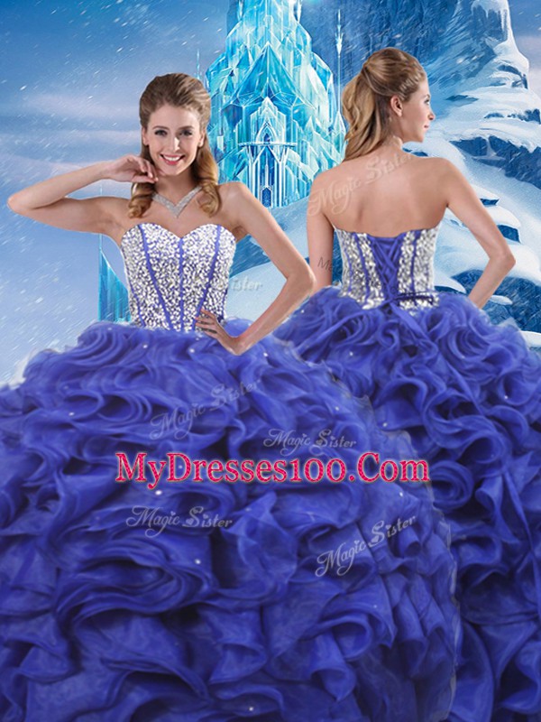 Shining Floor Length Lace Up Quince Ball Gowns Blue for Military Ball and Sweet 16 and Quinceanera with Beading and Ruffles