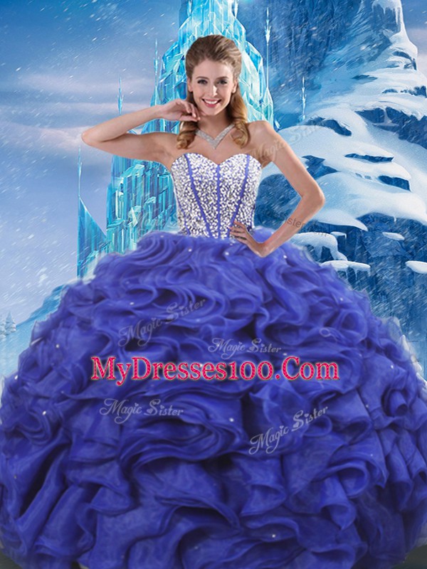 Shining Floor Length Lace Up Quince Ball Gowns Blue for Military Ball and Sweet 16 and Quinceanera with Beading and Ruffles
