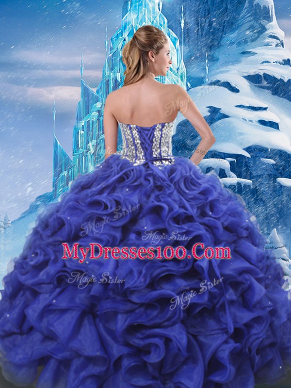Shining Floor Length Lace Up Quince Ball Gowns Blue for Military Ball and Sweet 16 and Quinceanera with Beading and Ruffles