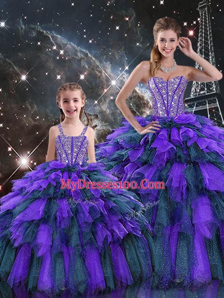 Sleeveless Floor Length Beading and Ruffles and Ruffled Layers Lace Up Ball Gown Prom Dress with Multi-color