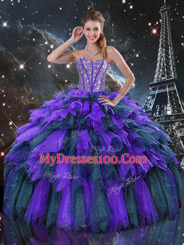 Sleeveless Floor Length Beading and Ruffles and Ruffled Layers Lace Up Ball Gown Prom Dress with Multi-color