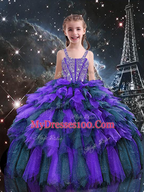 Sleeveless Floor Length Beading and Ruffles and Ruffled Layers Lace Up Ball Gown Prom Dress with Multi-color