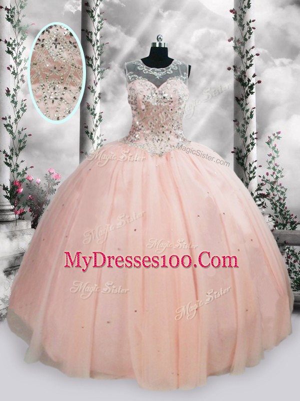 Comfortable Pink Lace Up Scoop Beading and Sequins Quinceanera Dresses Tulle Sleeveless