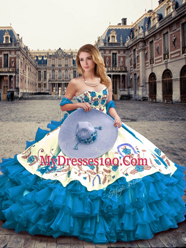 Blue And White Lace Up 15 Quinceanera Dress Embroidery and Ruffled Layers Sleeveless Floor Length