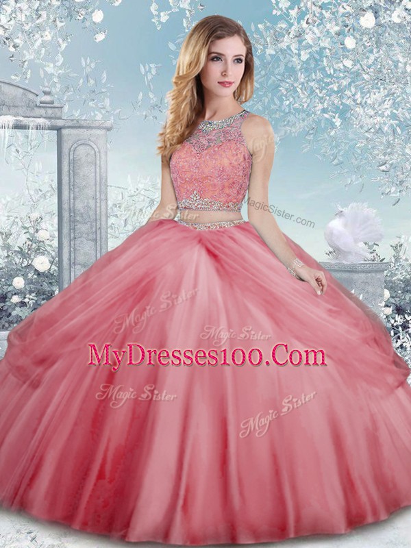 Pretty Watermelon Red Scoop Clasp Handle Beading Quinceanera Gown Sleeveless