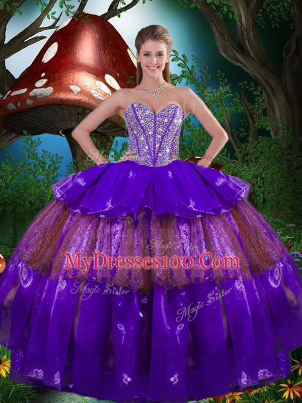 Comfortable Eggplant Purple Sweetheart Neckline Beading and Ruffled Layers Sweet 16 Dress Sleeveless Lace Up