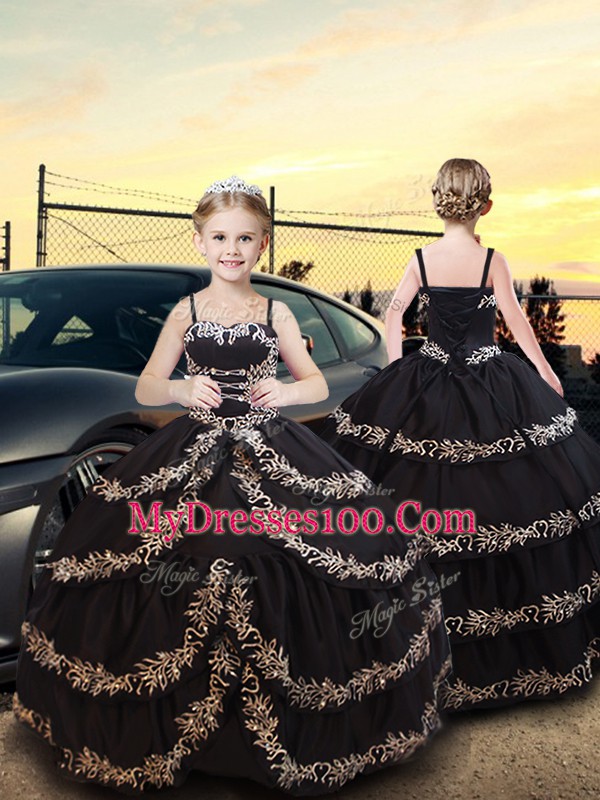 Floor Length Lace Up Little Girls Pageant Dress Black for Quinceanera and Wedding Party with Embroidery and Ruffled Layers
