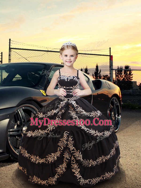 Floor Length Lace Up Little Girls Pageant Dress Black for Quinceanera and Wedding Party with Embroidery and Ruffled Layers