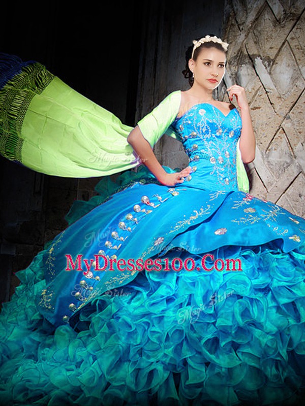 Fantastic Organza Sleeveless Quinceanera Dresses Brush Train and Embroidery and Ruffles
