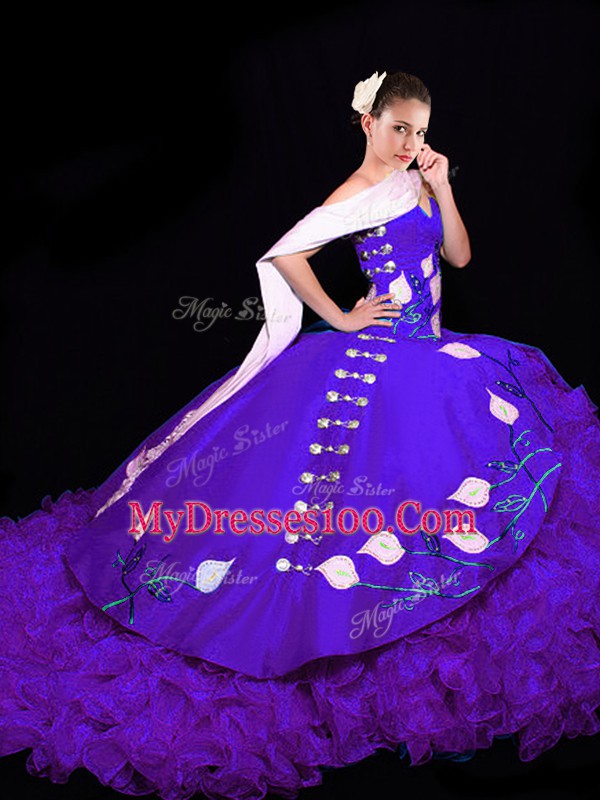 Wonderful Purple Organza Lace Up 15 Quinceanera Dress Sleeveless Brush Train Embroidery and Ruffles