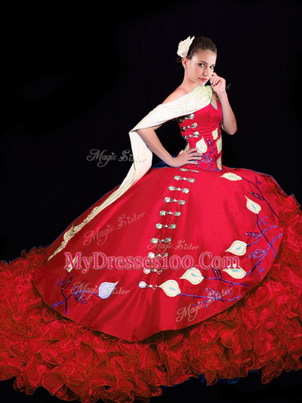 V-neck Sleeveless Taffeta Ball Gown Prom Dress Embroidery and Ruffles Brush Train Lace Up
