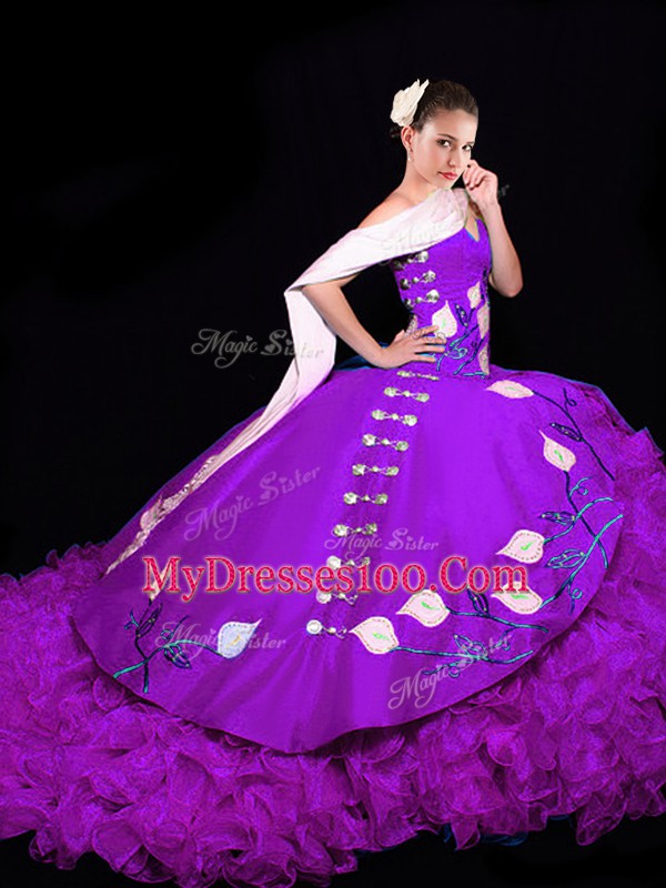 Fashion Organza Sweetheart Sleeveless Brush Train Lace Up Embroidery and Ruffles Sweet 16 Quinceanera Dress in Eggplant Purple